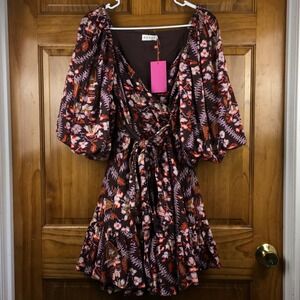 Rhode Darya Wrap Mini Dress Sz M Plumeria Chocolate Floral Puff Cottagecore Boho